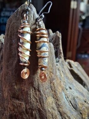 Hand Crafted Copper-Wrapped Cream and Blue Stone Dangle Earrings